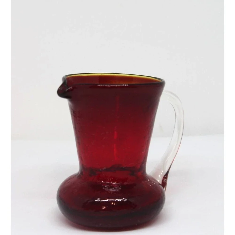 Art Glass Handblown Small Amberina Red Crackle Glass Creamer Pitcher. 3.75